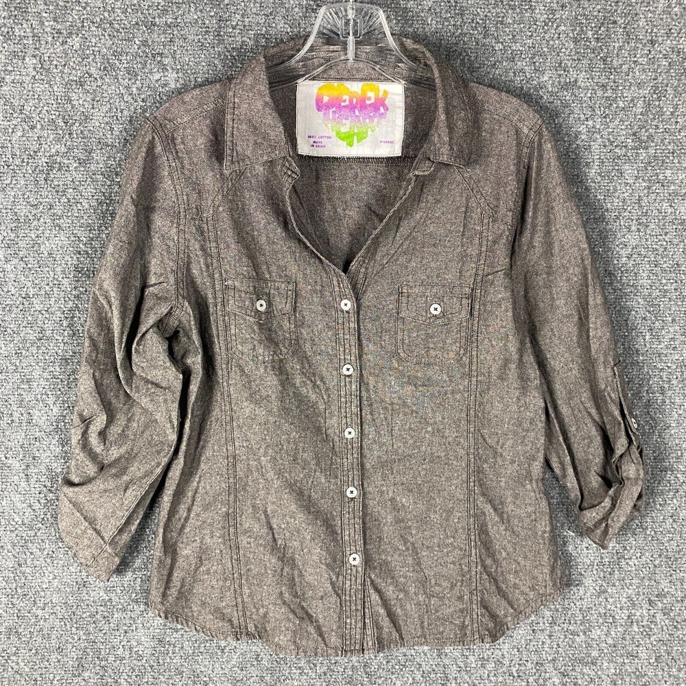 Derek Heart Button Up‎ Top Juniors XL Gray 100% Cotton